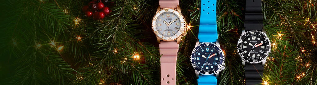 Image of holiday greenery with Promaster 37mm watch models EO2023-00A, EO2028-06L and EO2020-08E