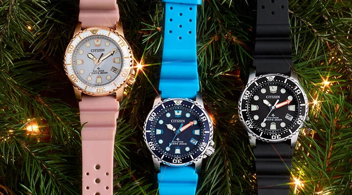 Image of holiday greenery with Promaster 37mm watch models EO2023-00A, EO2028-06L and EO2020-08E